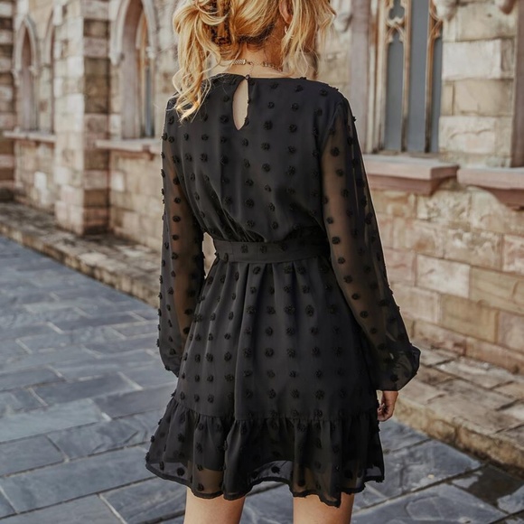 ruffle hem swiss dot waist tie sheer sleeve dress - Picture 4 of 5